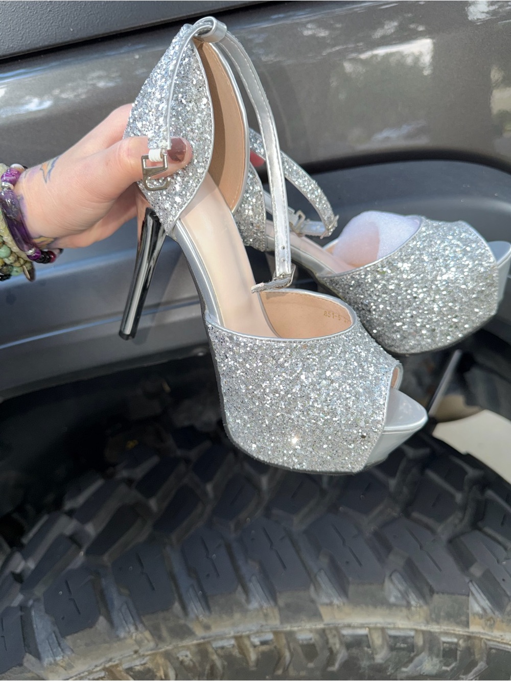 Silver Glitter Platform Peep-Toe High Heels